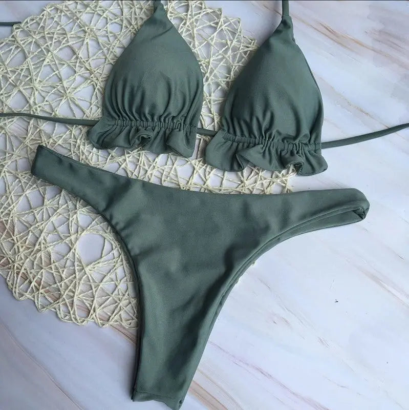 Solid Bikini Lace Up Swimsuit Île papillon