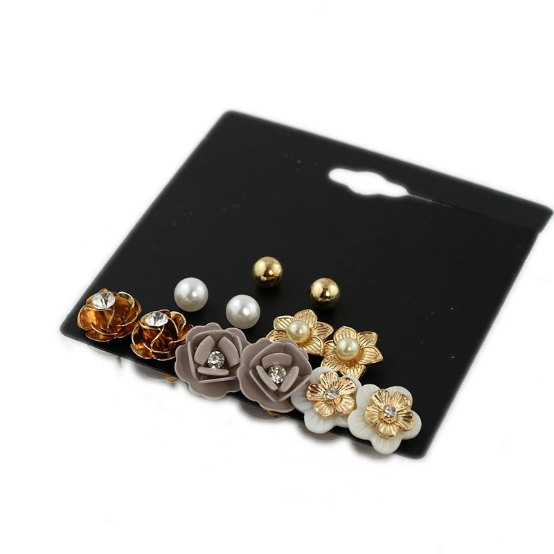 6 Pairs Of One Card Simple Flower Small Earrings Set Pearl Shell Female Earrings Diamond Jewelry Jewelry Île papillon