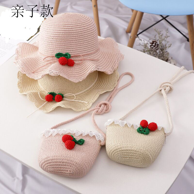 Girl Cherry Straw Hat Bag Set Princess Hat Beach Hat Sun Hat Île papillon