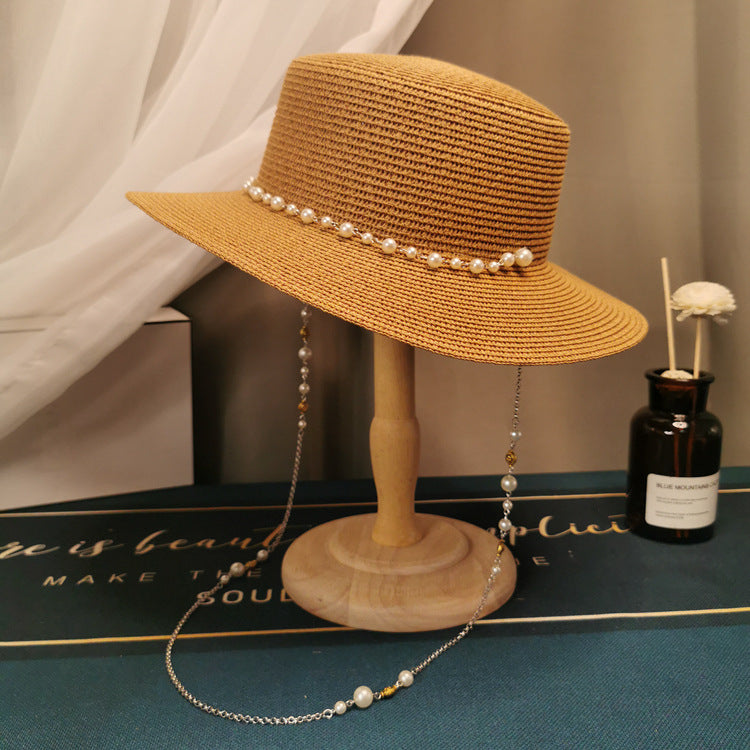 French Retro Pearl Chain Flat Straw Hat Elegant Top Hat Female Spring And Summer Île papillon