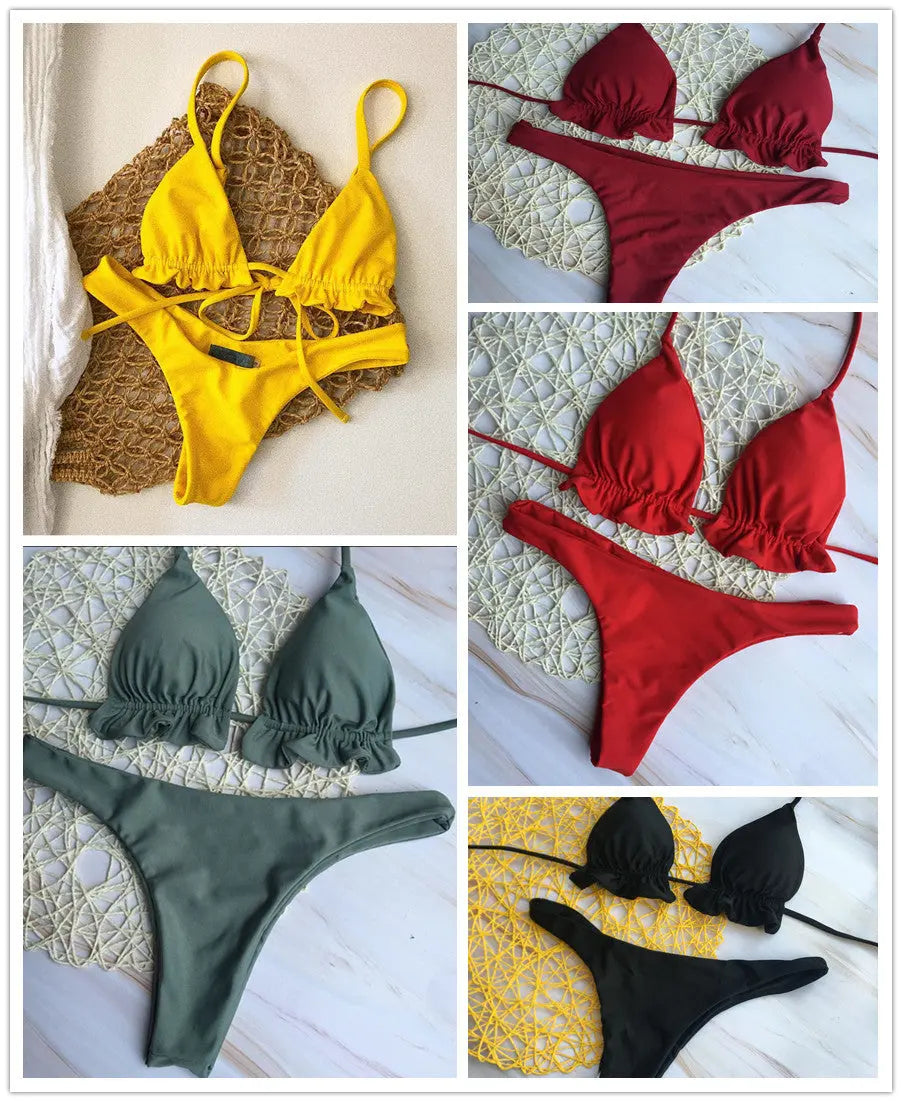 Solid Bikini Lace Up Swimsuit Île papillon