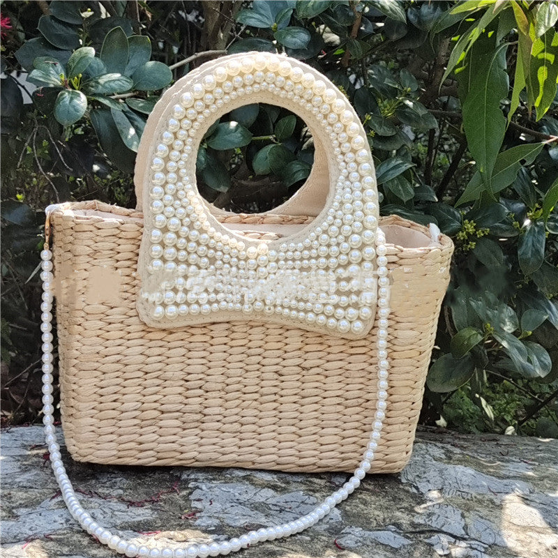 Summer Beach Braided Bow Pearl Straw Bag Île papillon