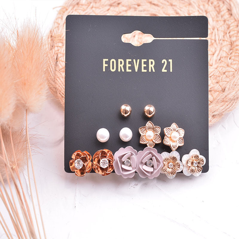 6 Pairs Of One Card Simple Flower Small Earrings Set Pearl Shell Female Earrings Diamond Jewelry Jewelry Île papillon
