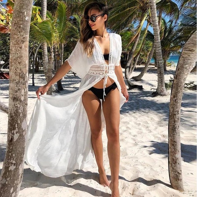 Women Crochet Beach Knitted Beach Cover Up Dress Tunic Long Île papillon