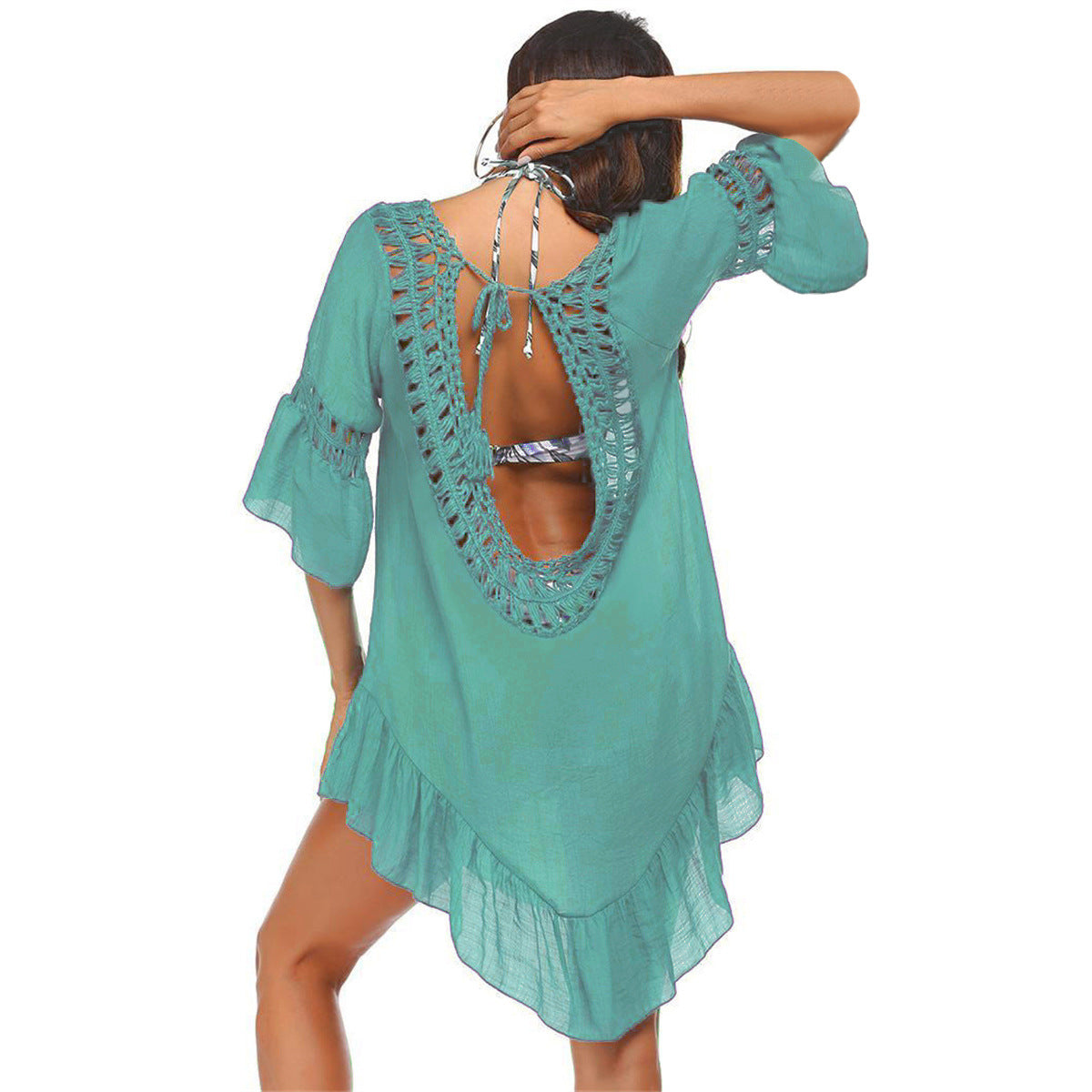Hand Crocheting Stitching Smock Dress Beach Cover-up Slub Cotton Crochet Île papillon