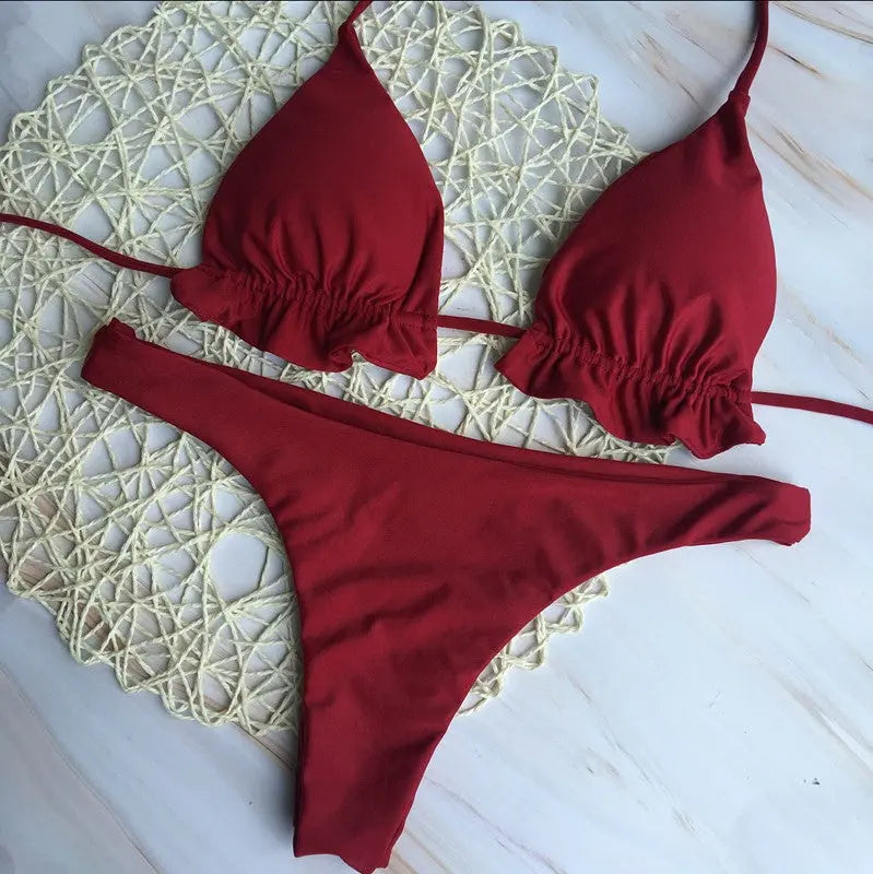 Solid Bikini Lace Up Swimsuit Île papillon
