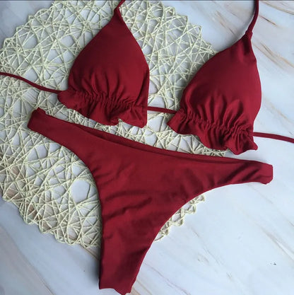 Solid Bikini Lace Up Swimsuit Île papillon