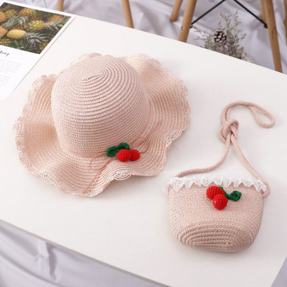 Girl Cherry Straw Hat Bag Set Princess Hat Beach Hat Sun Hat Île papillon