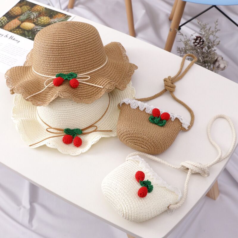 Girl Cherry Straw Hat Bag Set Princess Hat Beach Hat Sun Hat Île papillon