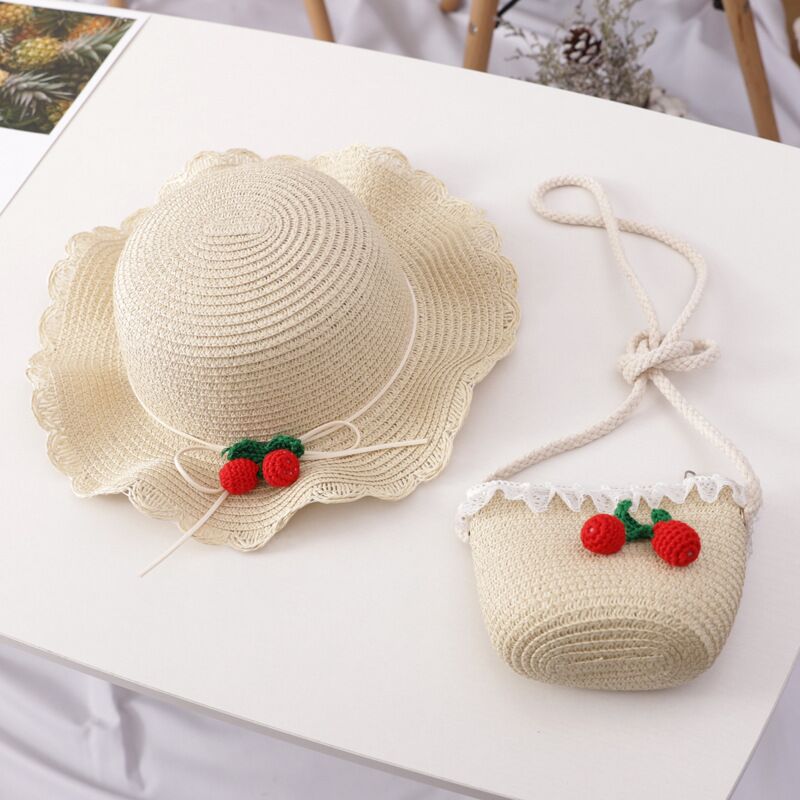 Girl Cherry Straw Hat Bag Set Princess Hat Beach Hat Sun Hat Île papillon