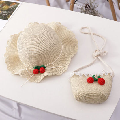 Girl Cherry Straw Hat Bag Set Princess Hat Beach Hat Sun Hat Île papillon