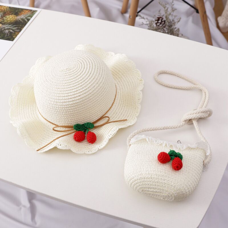 Girl Cherry Straw Hat Bag Set Princess Hat Beach Hat Sun Hat Île papillon