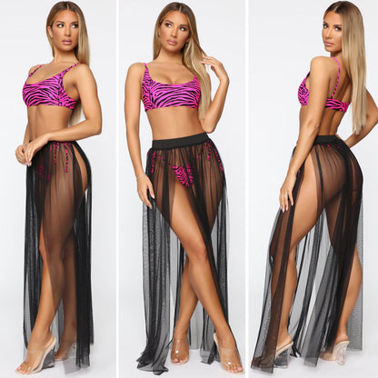 Women Bikini Cover Up Swimwear Mesh Sheer Beach Maxi Wrap Skirt Sarong Pareo One Piece Summer Bathing Suit Swimsuit Holiday Île papillon