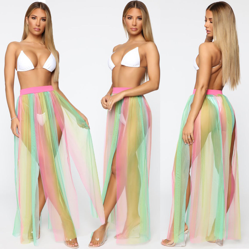 Women Bikini Cover Up Swimwear Mesh Sheer Beach Maxi Wrap Skirt Sarong Pareo One Piece Summer Bathing Suit Swimsuit Holiday Île papillon