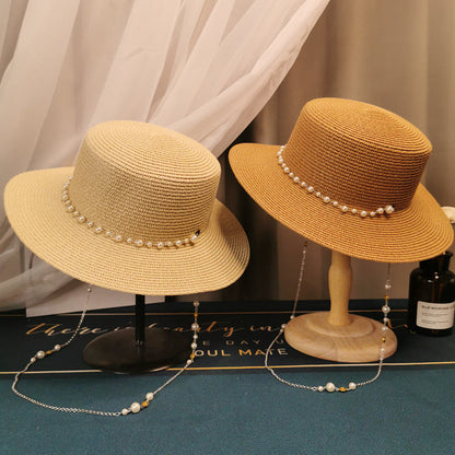 French Retro Pearl Chain Flat Straw Hat Elegant Top Hat Female Spring And Summer Île papillon