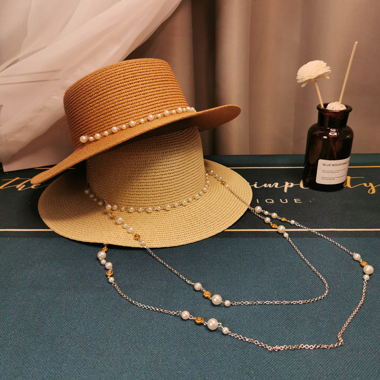 French Retro Pearl Chain Flat Straw Hat Elegant Top Hat Female Spring And Summer Île papillon