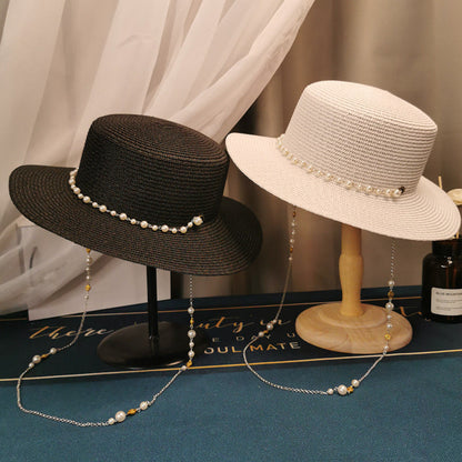 French Retro Pearl Chain Flat Straw Hat Elegant Top Hat Female Spring And Summer Île papillon