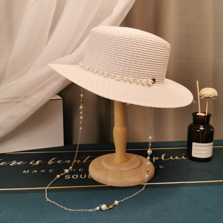 French Retro Pearl Chain Flat Straw Hat Elegant Top Hat Female Spring And Summer Île papillon