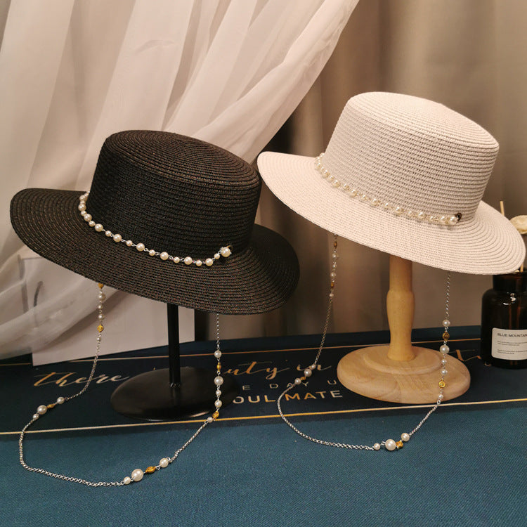 French Retro Pearl Chain Flat Straw Hat Elegant Top Hat Female Spring And Summer Île papillon