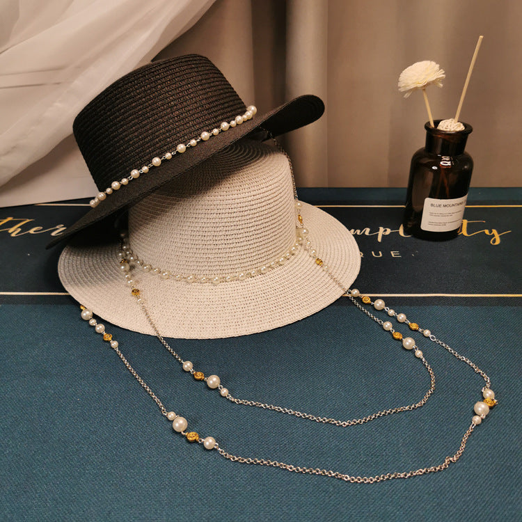 French Retro Pearl Chain Flat Straw Hat Elegant Top Hat Female Spring And Summer Île papillon