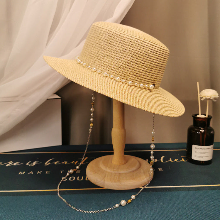 French Retro Pearl Chain Flat Straw Hat Elegant Top Hat Female Spring And Summer Île papillon