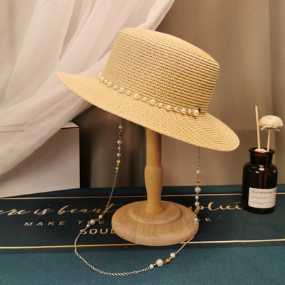 French Retro Pearl Chain Flat Straw Hat Elegant Top Hat Female Spring And Summer Île papillon