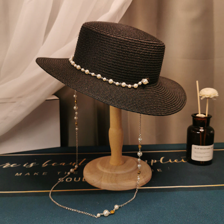 French Retro Pearl Chain Flat Straw Hat Elegant Top Hat Female Spring And Summer Île papillon