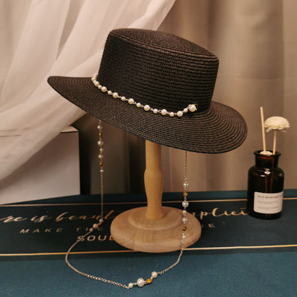 French Retro Pearl Chain Flat Straw Hat Elegant Top Hat Female Spring And Summer Île papillon