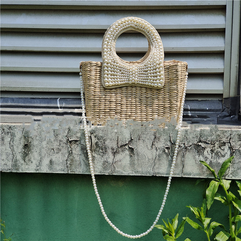 Summer Beach Braided Bow Pearl Straw Bag Île papillon