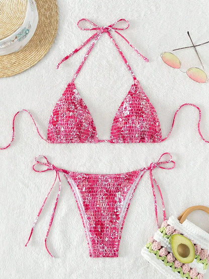 Fragmented Lace Up Sexy Bikini Île papillon
