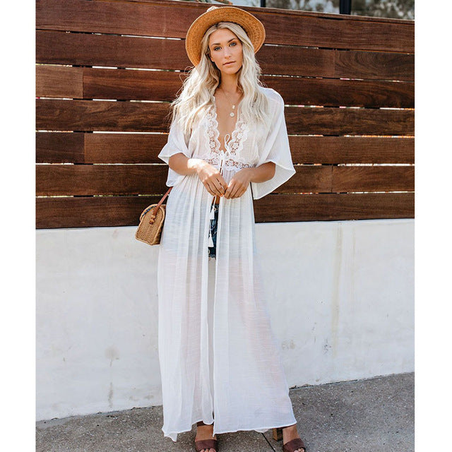 Women Crochet Beach Knitted Beach Cover Up Dress Tunic Long Île papillon