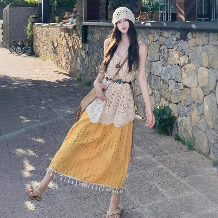 Bohemian Crochet Tassel Hollow-Out Long Skirt Sun-Protective Cover-Up Womens Dress Île papillon