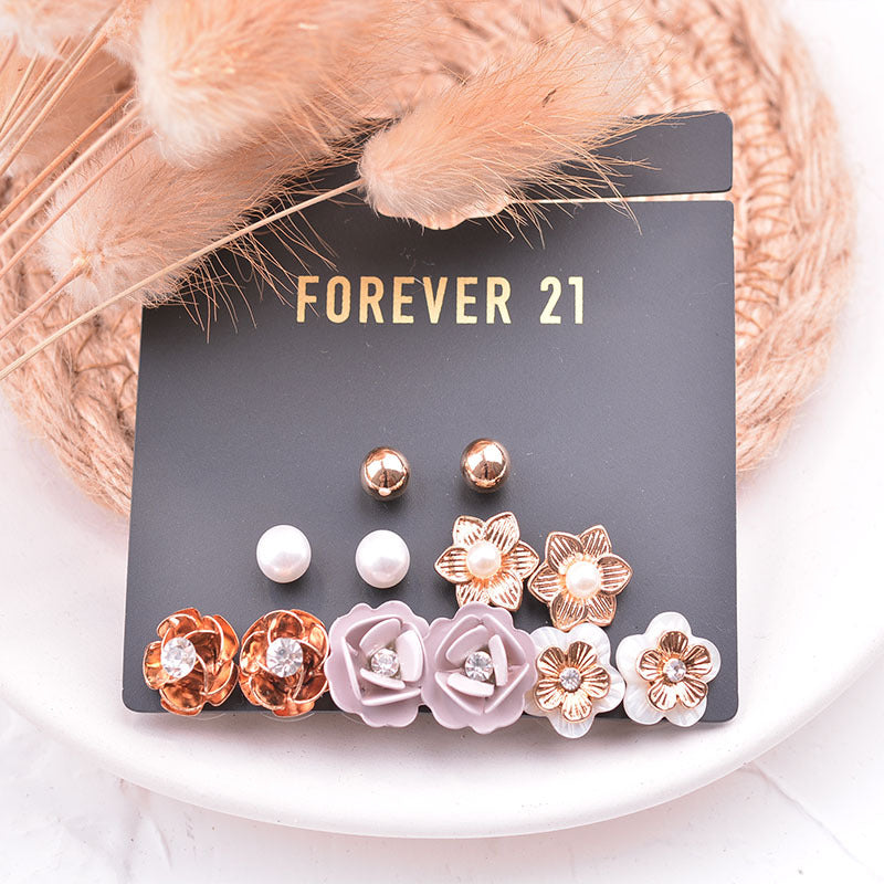 6 Pairs Of One Card Simple Flower Small Earrings Set Pearl Shell Female Earrings Diamond Jewelry Jewelry Île papillon