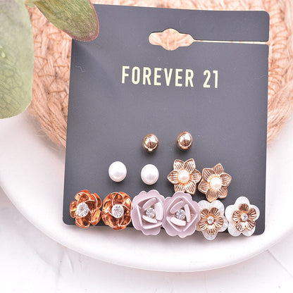 6 Pairs Of One Card Simple Flower Small Earrings Set Pearl Shell Female Earrings Diamond Jewelry Jewelry Île papillon