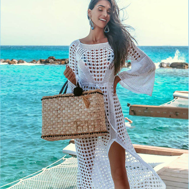 Women Crochet Beach Knitted Beach Cover Up Dress Tunic Long Île papillon