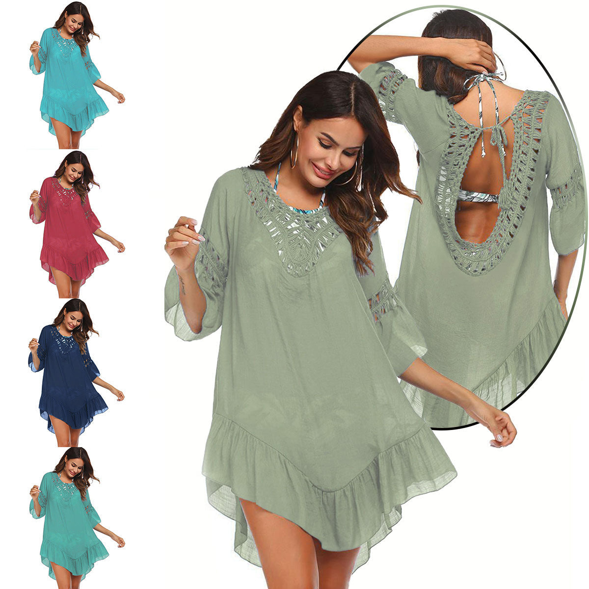 Hand Crocheting Stitching Smock Dress Beach Cover-up Slub Cotton Crochet Île papillon