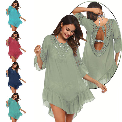 Hand Crocheting Stitching Smock Dress Beach Cover-up Slub Cotton Crochet Île papillon