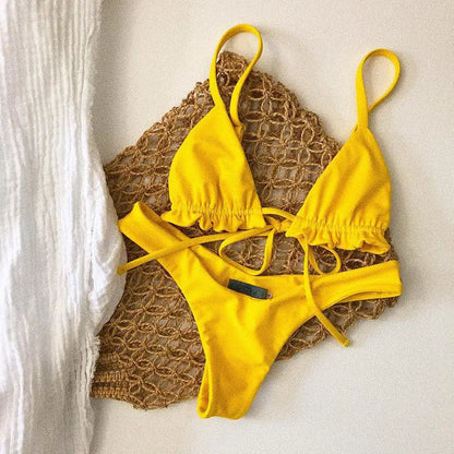 Solid Bikini Lace Up Swimsuit Île papillon