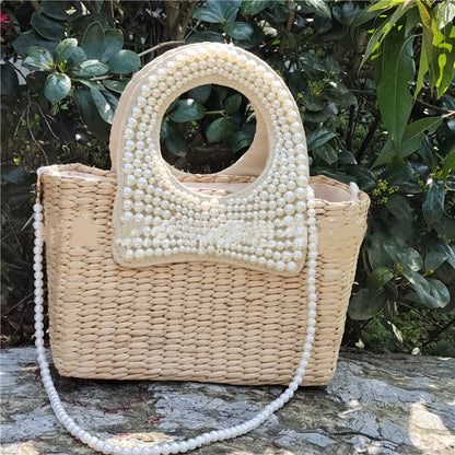 Summer Beach Braided Bow Pearl Straw Bag Île papillon