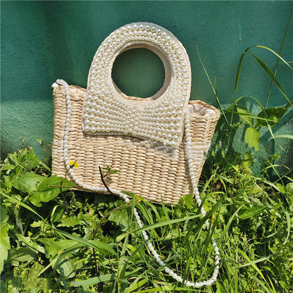 Summer Beach Braided Bow Pearl Straw Bag Île papillon