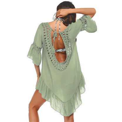Hand Crocheting Stitching Smock Dress Beach Cover-up Slub Cotton Crochet Île papillon