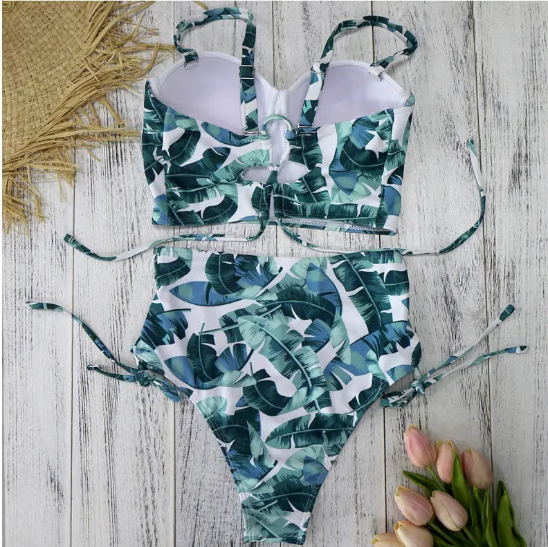 Cutout Lace Up Bikini Tropical Leaf Print Swimsuit Île papillon