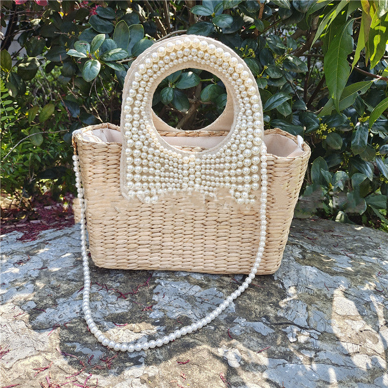 Summer Beach Braided Bow Pearl Straw Bag Île papillon