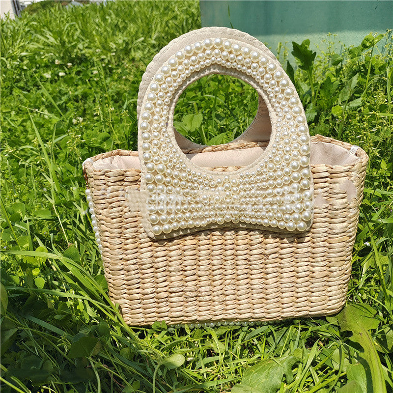Summer Beach Braided Bow Pearl Straw Bag Île papillon