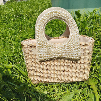 Summer Beach Braided Bow Pearl Straw Bag Île papillon