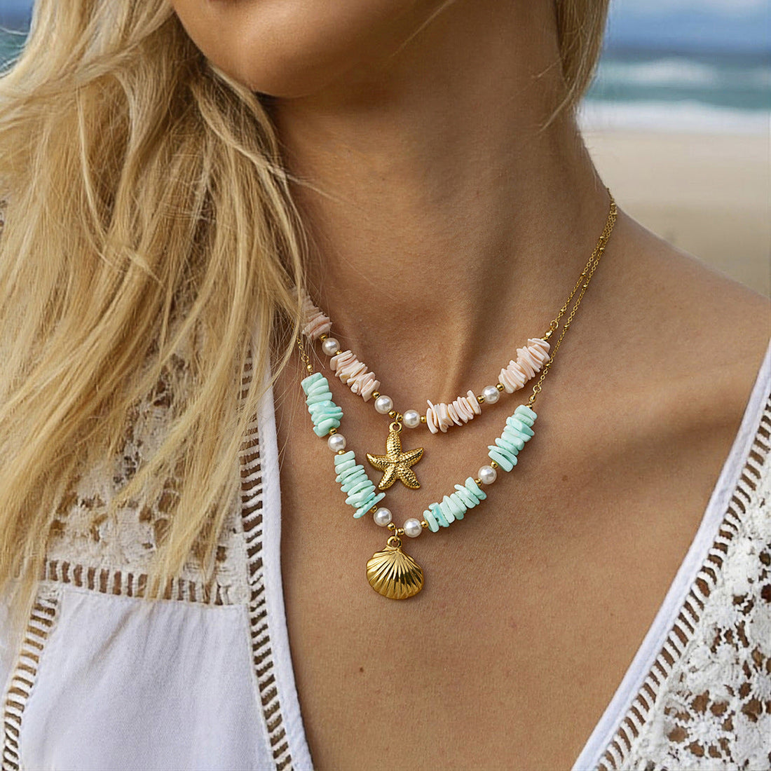 Mint Green Shell Patch Pearl Shell Pendant Necklace Jewelry Île papillon