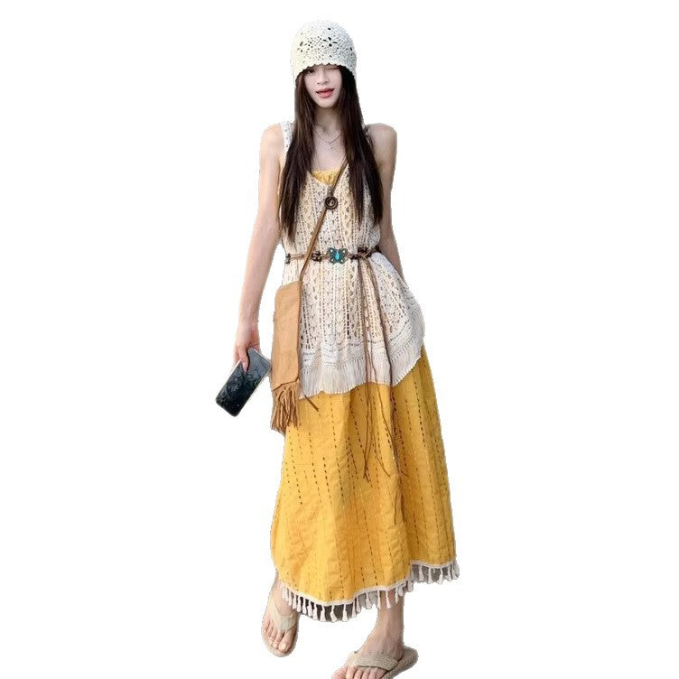 Bohemian Crochet Tassel Hollow-Out Long Skirt Sun-Protective Cover-Up Womens Dress Île papillon