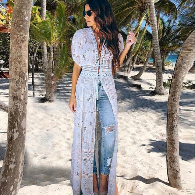 Women Crochet Beach Knitted Beach Cover Up Dress Tunic Long Île papillon
