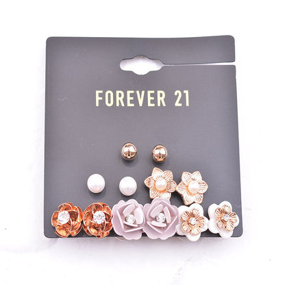 6 Pairs Of One Card Simple Flower Small Earrings Set Pearl Shell Female Earrings Diamond Jewelry Jewelry Île papillon