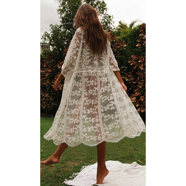 Women Crochet Beach Knitted Beach Cover Up Dress Tunic Long Île papillon